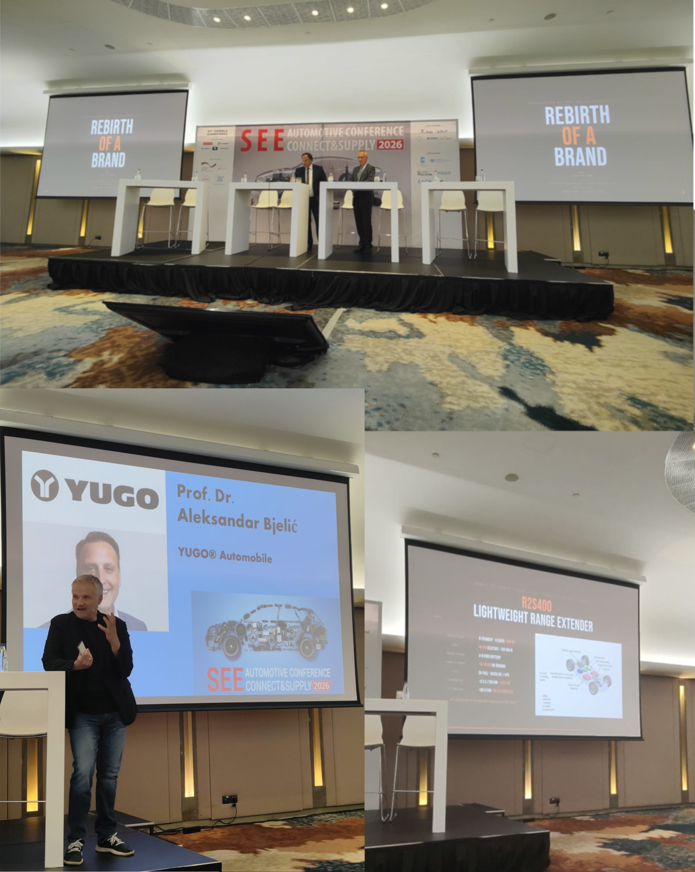 Prof. Dr. Aleksandar Bjelic presents the new Yugo hybrid car equipped with Rottil R2S400 range extender together with Arno Hofmann (CEO of ROTTIL UG)